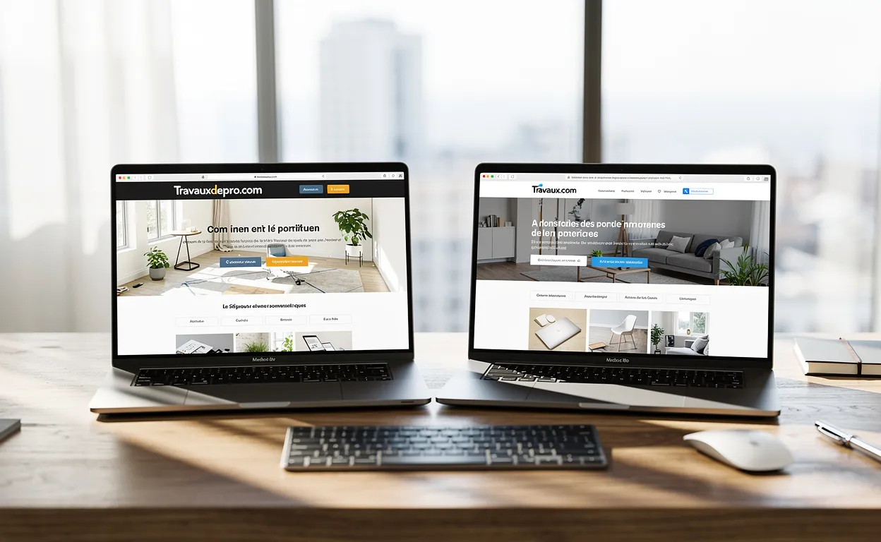 Deux ordinateurs portables ouverts face à face sur un bureau moderne présentent les pages d’accueil de Travauxdepro.com et Travaux.com dans un espace de travail lumineux.