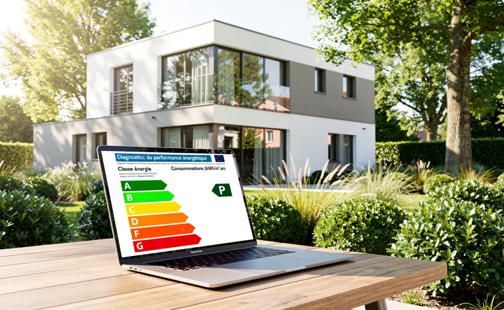 Une maison moderne entourée de verdure avec un ordinateur portable affichant des graphiques de diagnostic énergétique DPE au premier plan.