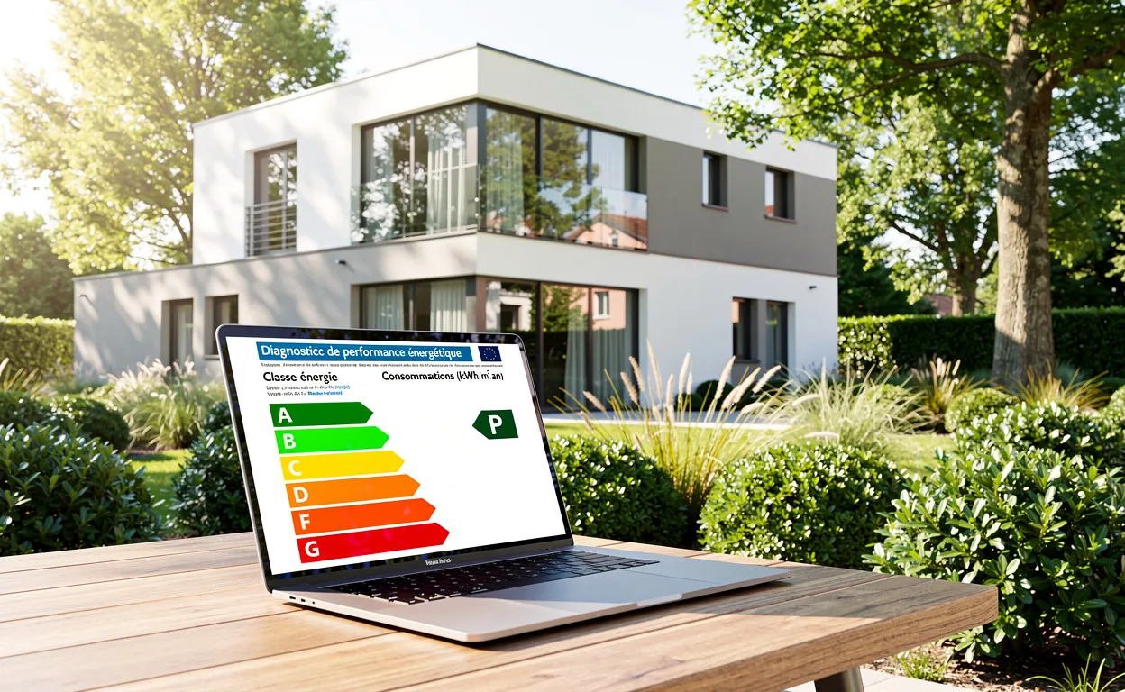 Une maison moderne entourée de verdure avec un ordinateur portable affichant des graphiques de diagnostic énergétique DPE au premier plan.