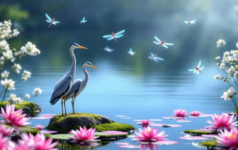 Un étang paisible dans un jardin entouré de verdure, avec des nénuphars fleuris, des libellules volant au-dessus de l’eau et des oiseaux perchés sous la lumière du soleil.