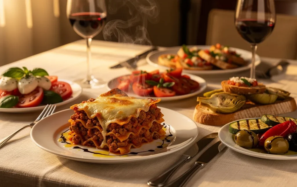 Une table italienne accueille un plat de lasagnes fumantes entouré de salade caprese, bruschetta et légumes marinés sous une lumière dorée.