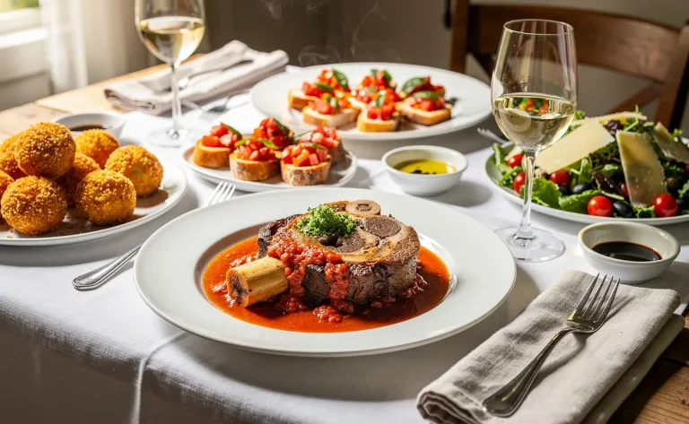 Table italienne élégamment dressée avec des antipasti colorés autour d’une assiette d’osso bucco, baignée de lumière naturelle.
