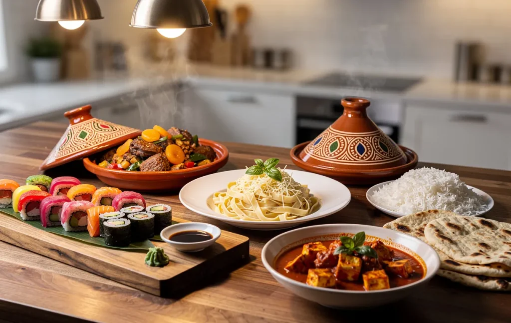 Une table en bois élégante présente des plats variés de cuisines du monde, comme sushi, tagine, pâtes italiennes et curry indien, dans une cuisine chaleureuse et lumineuse.
