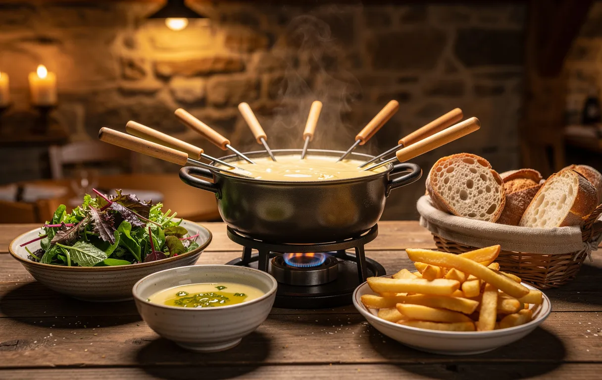 Une fondue bressane traditionnelle servie avec salade verte, frites dorées et pain sur une table en bois dans une ambiance chaleureuse.