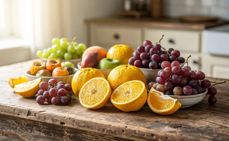 Table en bois rustique sur laquelle sont disposés des fruits exotiques commençant par la lettre U, comme l'ugli fruit et l'uva, éclairés par une lumière matinale.