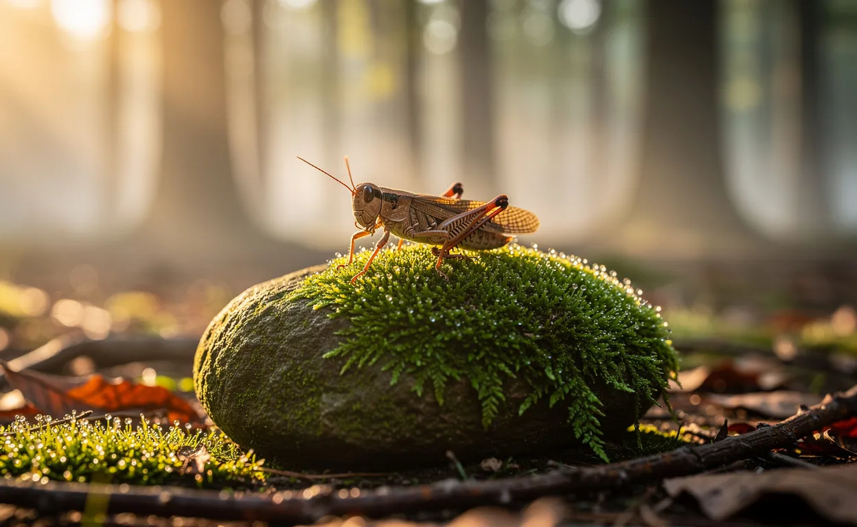 Un grillon posé sur une pierre moussue, éclairé par une lumière dorée dans une forêt calme au lever du jour avec de la brume en arrière-plan.