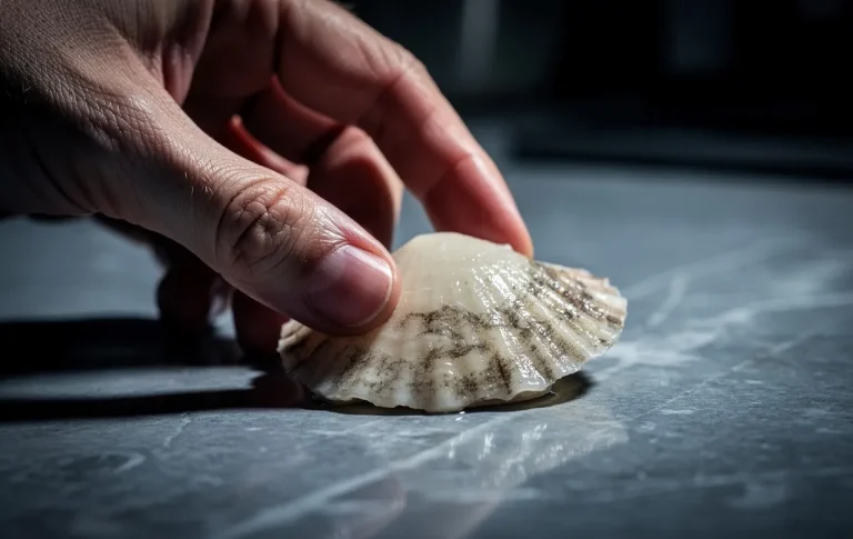 Une main examine délicatement une coquille Saint-Jacques crue à la texture altérée posée sur un plan de travail froid.