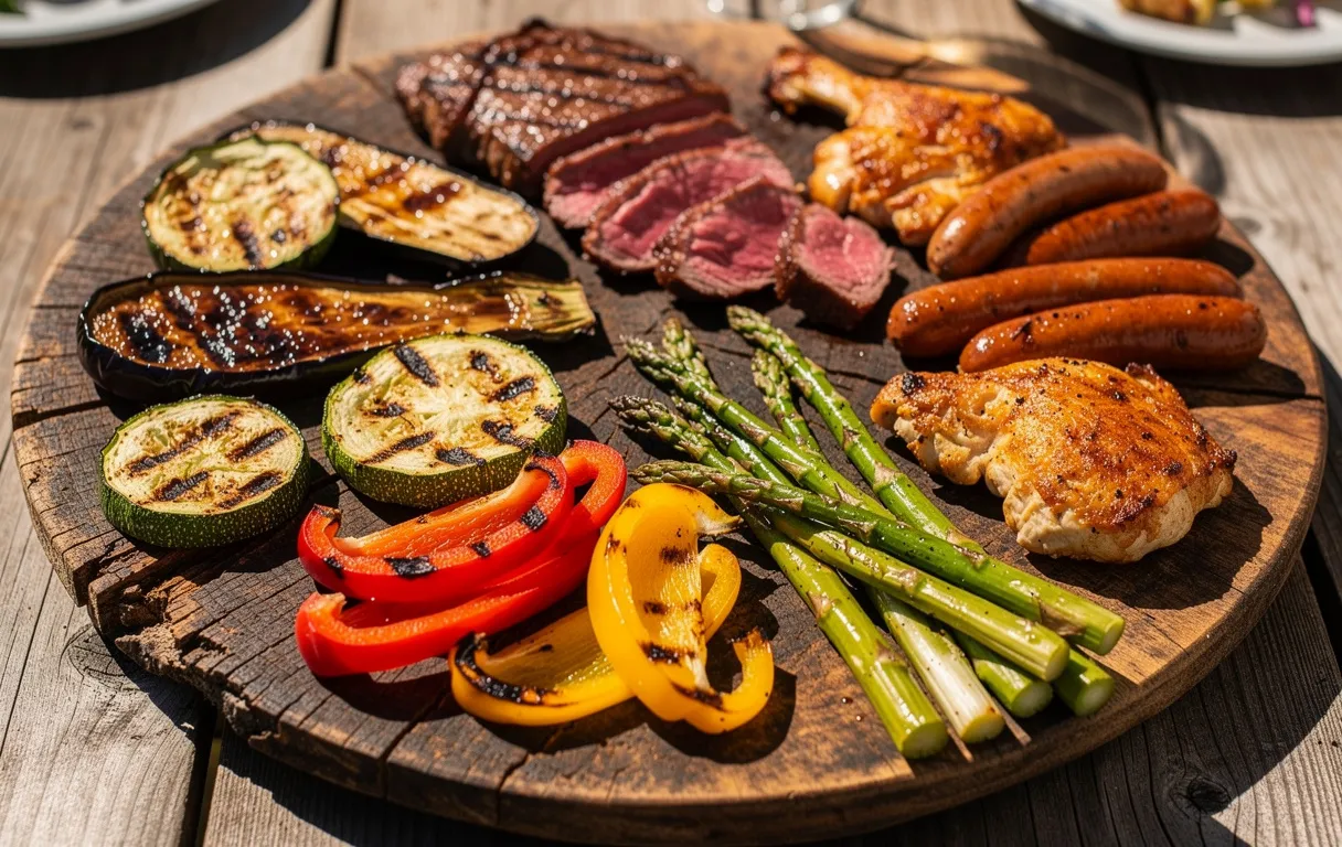 Assortiment de légumes grillés et de viandes sur un plat en bois, posé sur une table en extérieur sous la lumière estivale.