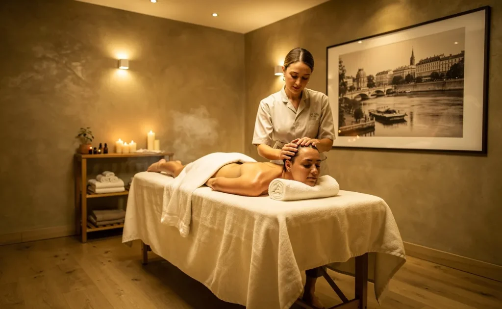 Une personne reçoit un massage crânien relaxant dans une salle de spa paisible aux tons chaleureux à Lyon.