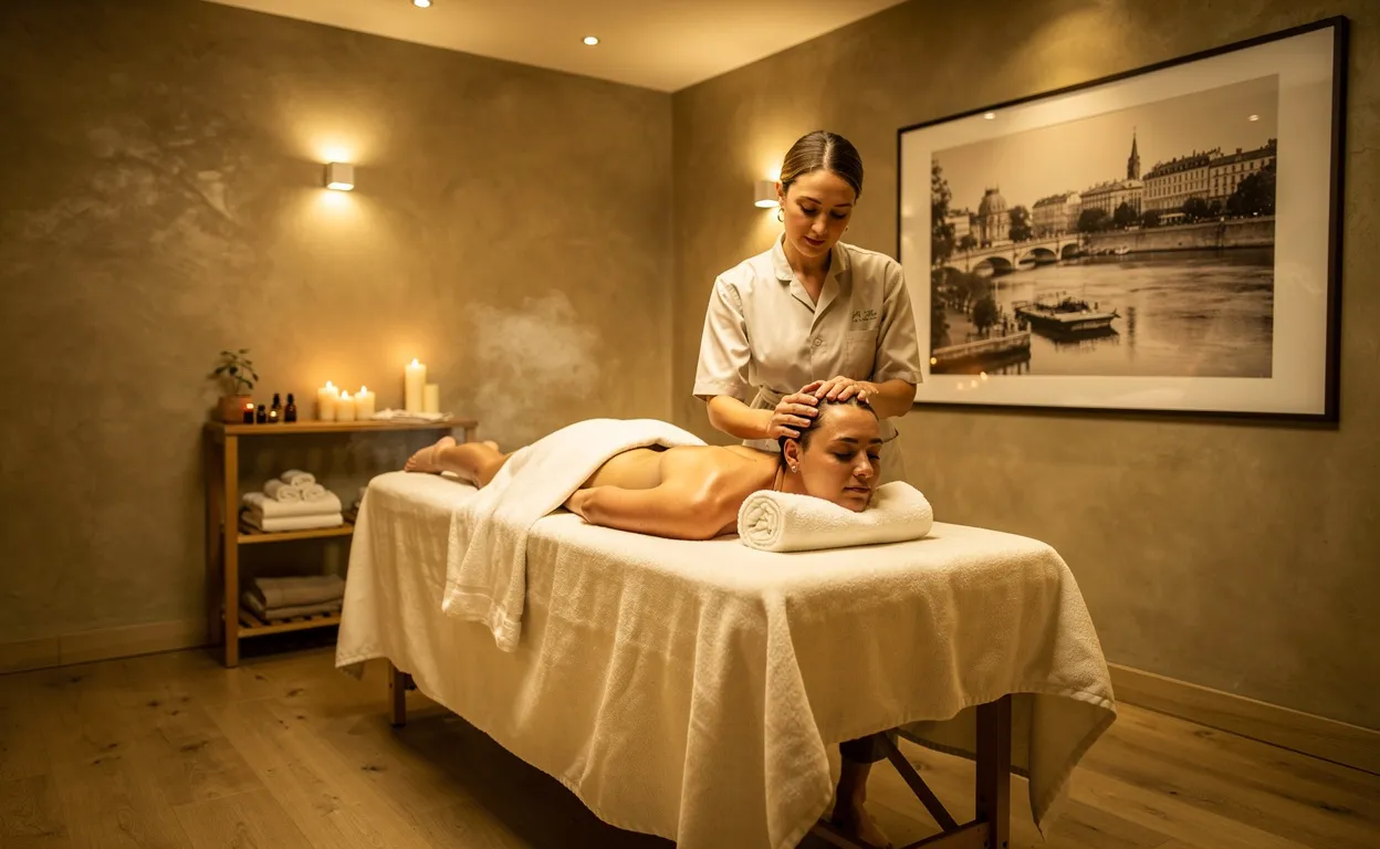 Une personne reçoit un massage crânien relaxant dans une salle de spa paisible aux tons chaleureux à Lyon.