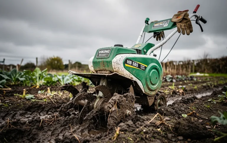 Un motoculteur Viking HB 585 couvert de terre repose sur un sol boueux dans un jardin, avec des gants posés sur le guidon sous un ciel gris.