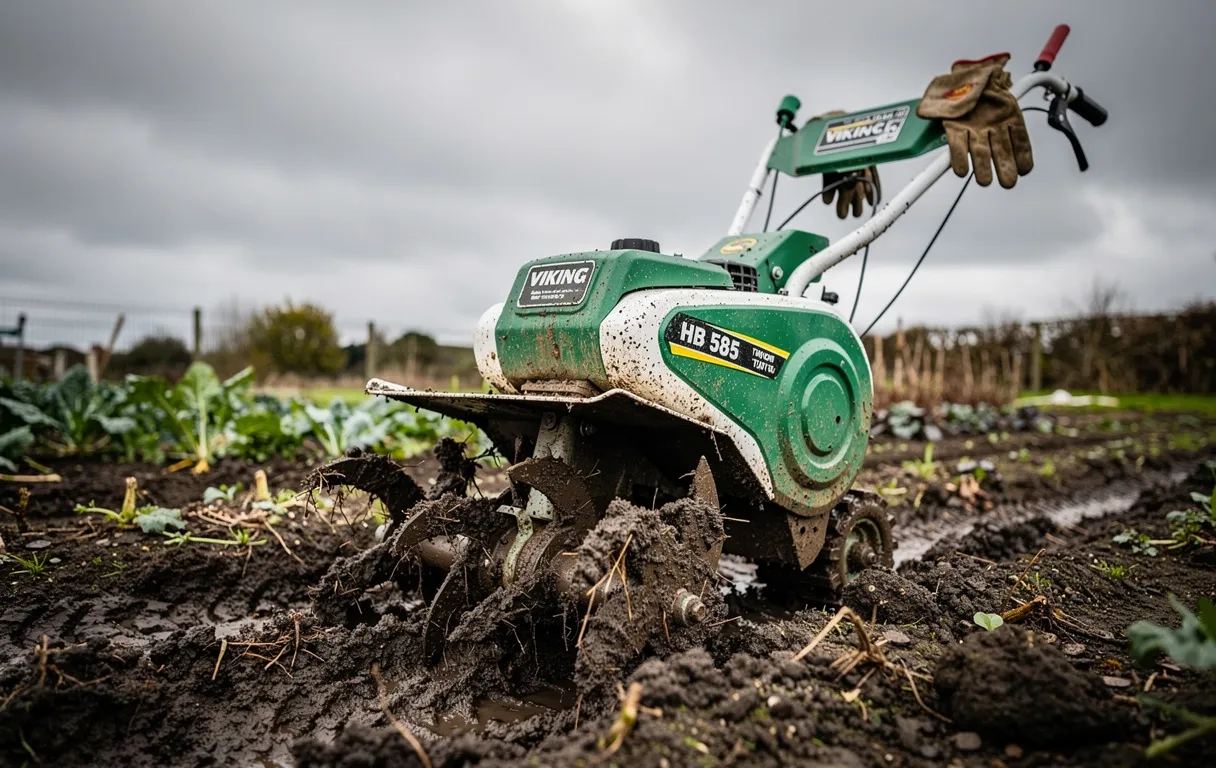 Un motoculteur Viking HB 585 couvert de terre repose sur un sol boueux dans un jardin, avec des gants posés sur le guidon sous un ciel gris.