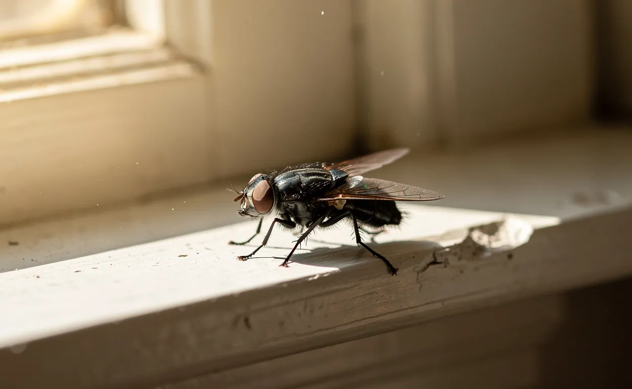 Une mouche noire est posée sur un rebord de fenêtre éclairé par le soleil dans une pièce calme aux murs clairs.