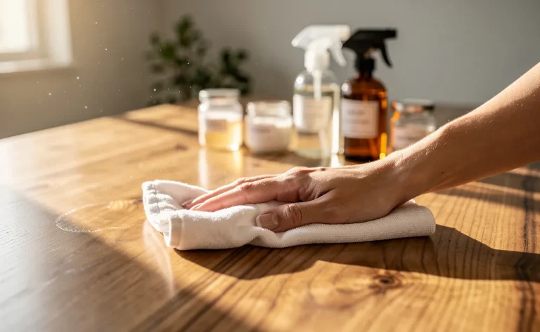 Des mains essuient délicatement une table en bois avec un chiffon, entourées de produits d’entretien naturels en bouteilles de verre sous une lumière douce.