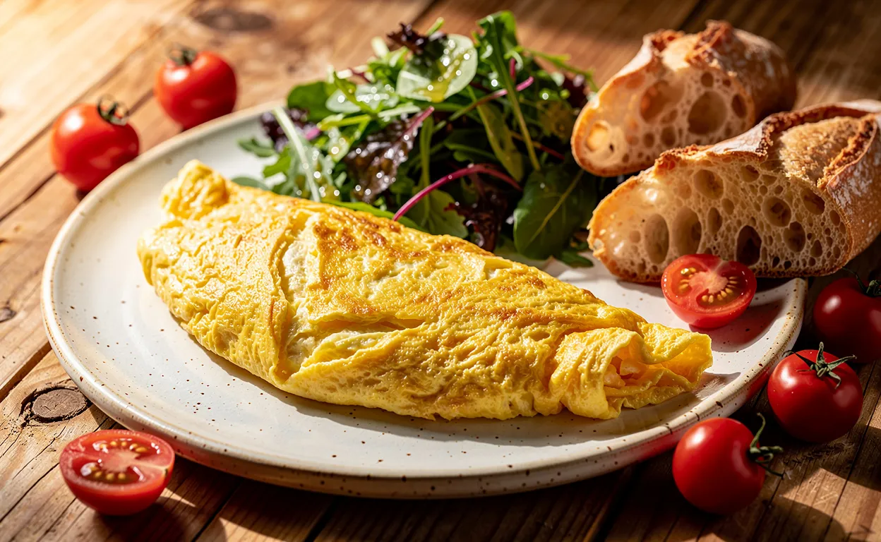 Une omelette dorée et moelleuse est servie sur une assiette en céramique avec une salade verte, des tranches de baguette et des tomates cerises sur une table en bois éclairée par la lumière naturelle.