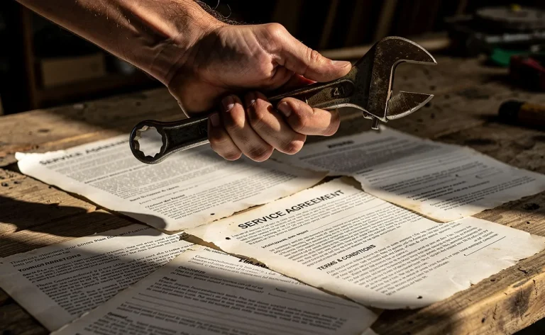 Un artisan tient un outil au-dessus de contrats usés disposés sur une table en bois, éclairés par une lumière douce.