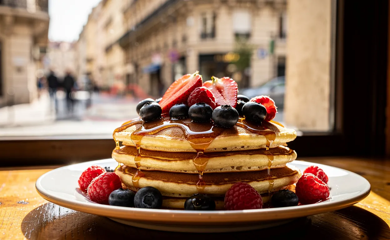 Une pile de pancakes moelleux garnis de fruits rouges et de sirop d’érable repose sur une table de café ensoleillée avec vue sur une rue lyonnaise.