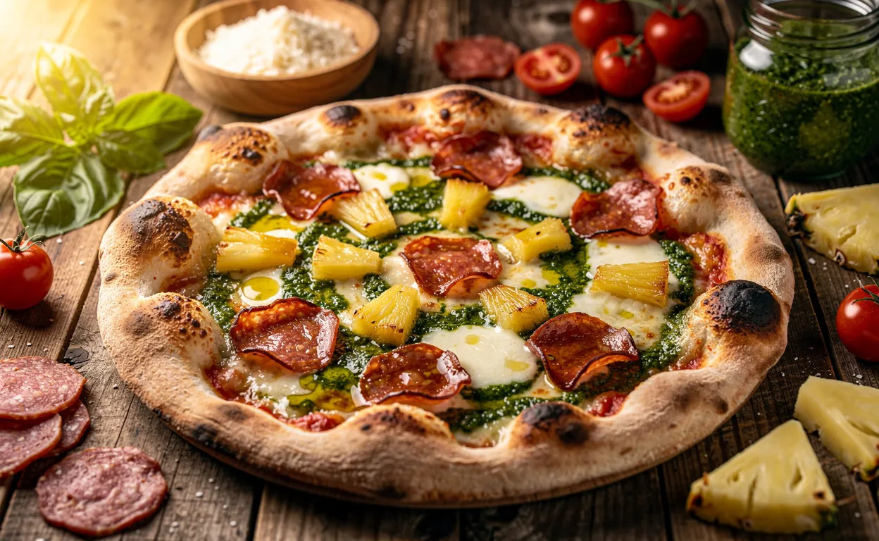 Une pizza garnie de pepperoni, d’ananas et de pesto est posée sur une table en bois entourée d’ingrédients colorés sous une lumière chaleureuse.
