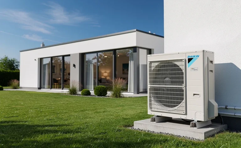 Pompe à chaleur Daikin moderne installée près d'une maison contemporaine aux grandes fenêtres, sur une pelouse verte sous un ciel bleu.