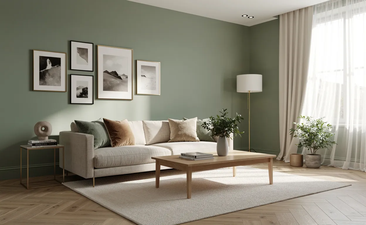 Un salon raffiné peint en vert sauge, baigné de lumière naturelle filtrée par des rideaux diaphanes.