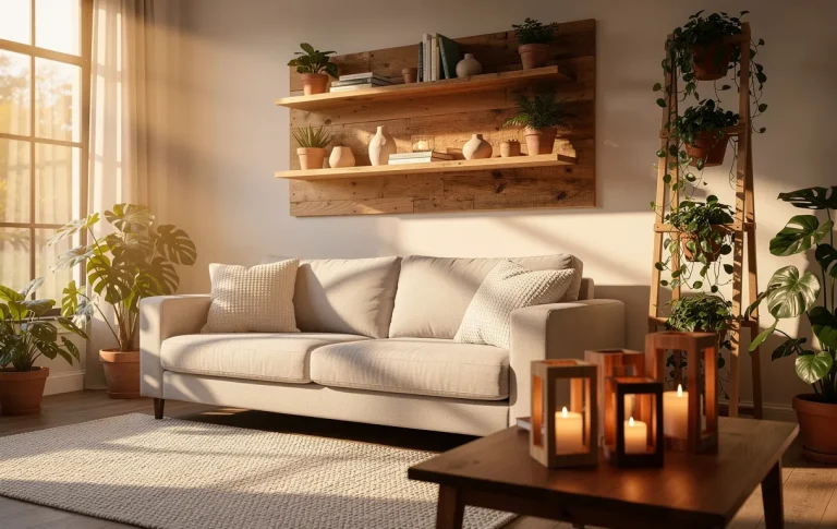 Un salon chaleureux décoré d’objets en bois faits main comme des étagères, des porte-plantes et des lanternes, baigné de lumière naturelle.