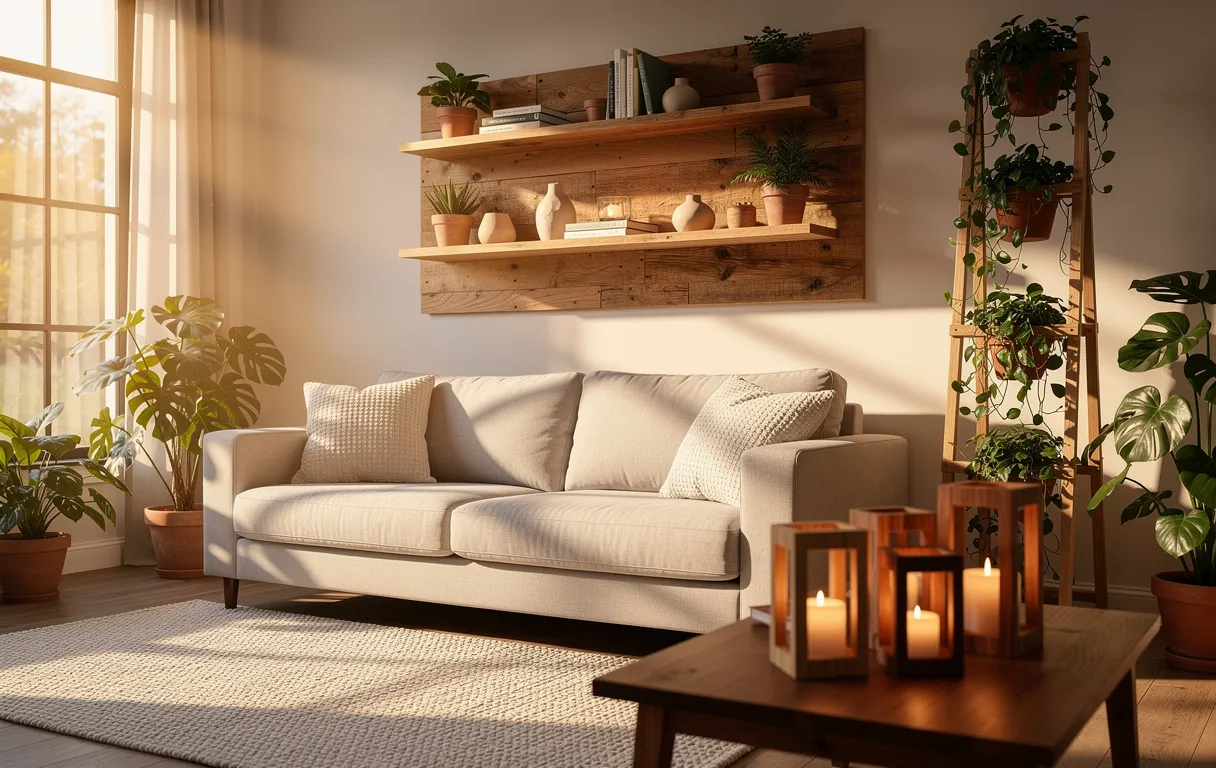 Un salon chaleureux décoré d’objets en bois faits main comme des étagères, des porte-plantes et des lanternes, baigné de lumière naturelle.