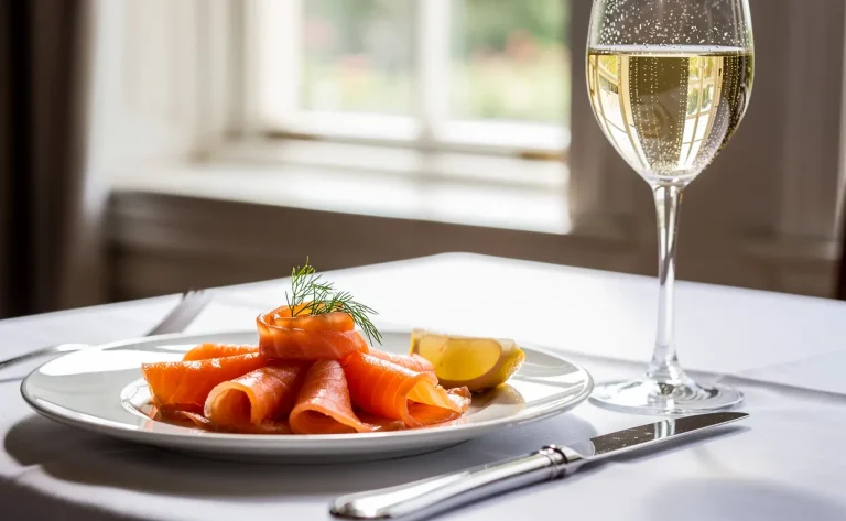 Une assiette de saumon fumé accompagnée d’un verre de vin blanc repose sur une nappe blanche sous une lumière naturelle douce.