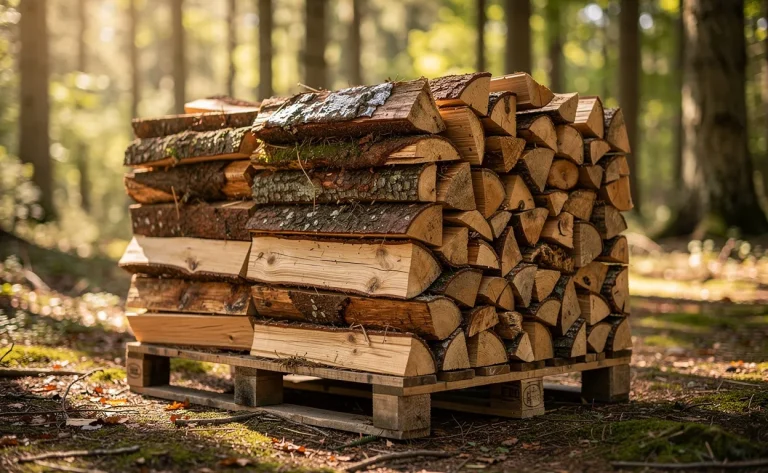 Un mètre cube de bûches de bois empilées sur une palette dans une clairière ensoleillée, avec des variations visibles de taille et d’humidité.