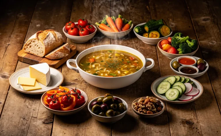 Une table en bois bien dressée présente douze accompagnements variés disposés autour d’un bol de soupe fumante, dans une ambiance chaleureuse.