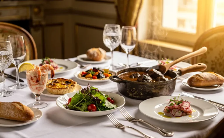 Table française dressée avec cinq entrées variées et une carbonade flamande fumante, éclairées par une lumière dorée.