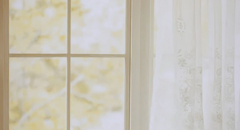 Fenêtre baignée de soleil avec un rideau voilage et une vue de feuillage à l'extérieur