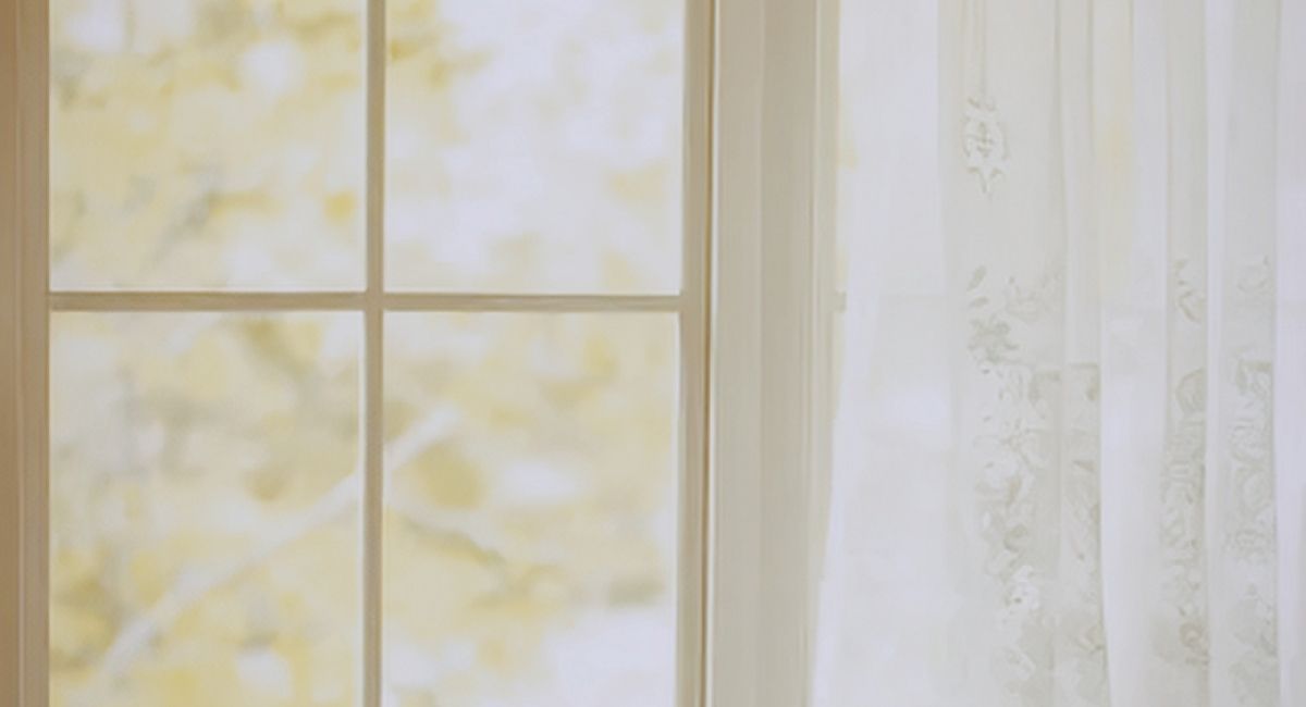 Fenêtre baignée de soleil avec un rideau voilage et une vue de feuillage à l'extérieur