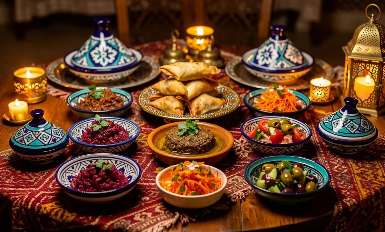 Table marocaine dressée avec dix amuse-bouches colorés, des céramiques traditionnelles et une lumière de bougies chaleureuse.