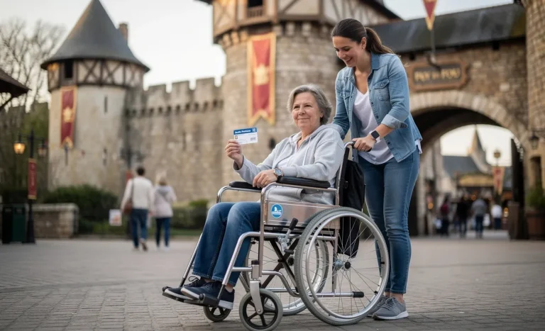 Un utilisateur de fauteuil roulant accompagné d’une personne franchit l’entrée médiévale du Puy du Fou avec un pass d’accès visible en main.