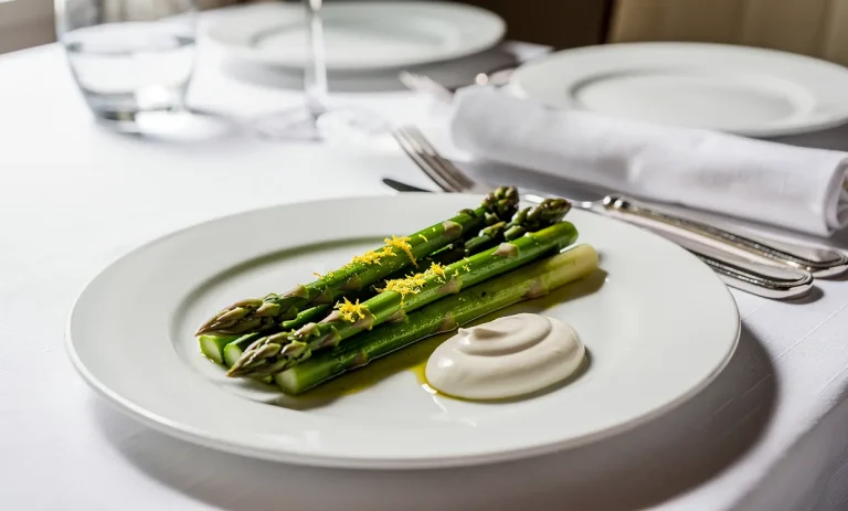 Assiette d’asperges vertes croquantes avec zeste de citron et sauce onctueuse, disposée sur une nappe blanche dans une ambiance lumineuse et fraîche.