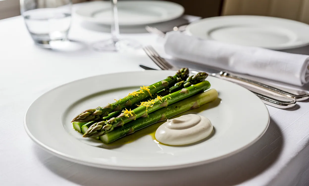 Assiette d’asperges vertes croquantes avec zeste de citron et sauce onctueuse, disposée sur une nappe blanche dans une ambiance lumineuse et fraîche.