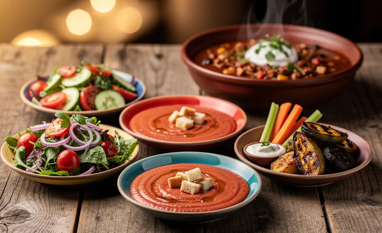 Une table rustique est dressée avec cinq petites assiettes colorées d’entrées variées, comprenant des salades, du gaspacho, des bouchées de légumes croquants et un bol de chili con carne en arrière-plan.
