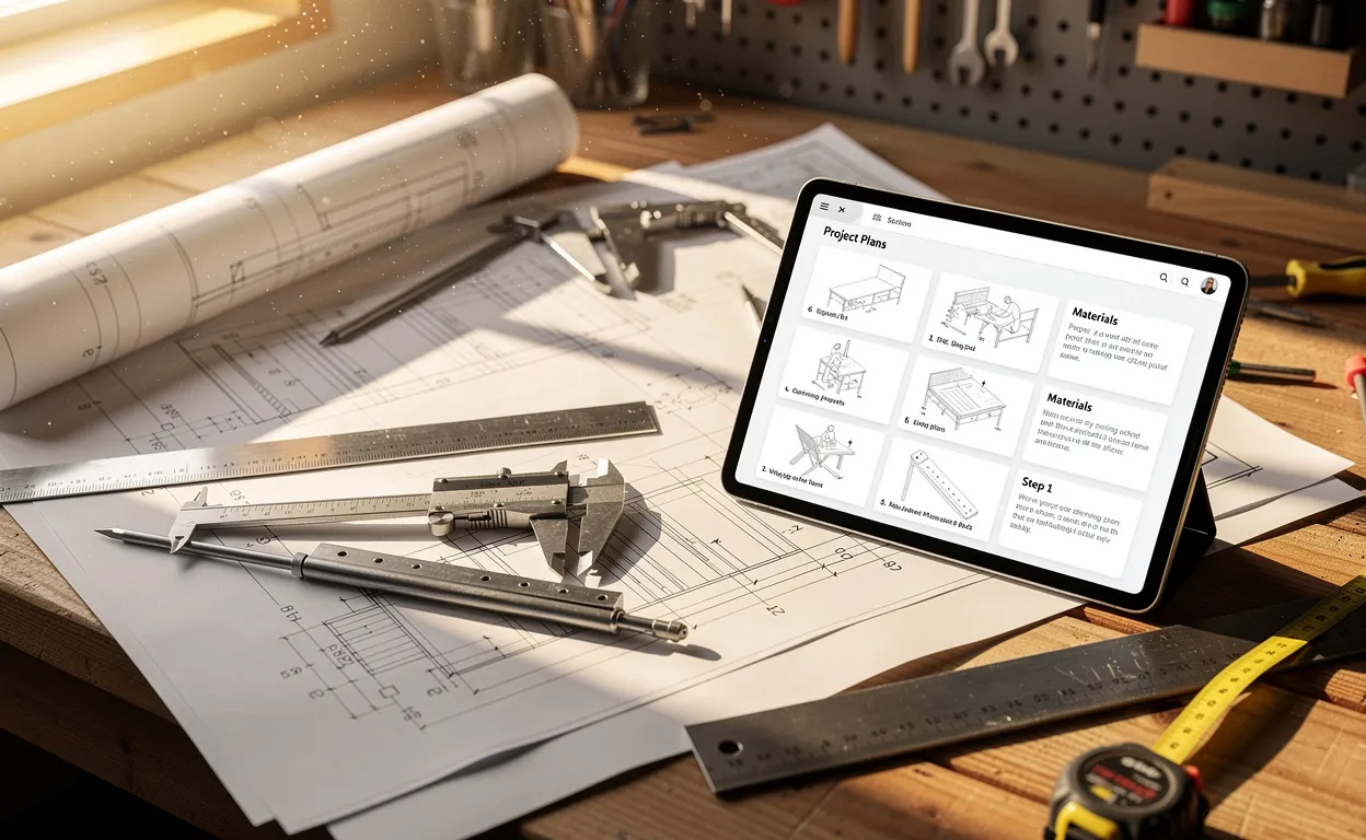 Un plan de travail avec des plans, des outils de mesure et une tablette affichant des guides, éclairés par la lumière du jour.