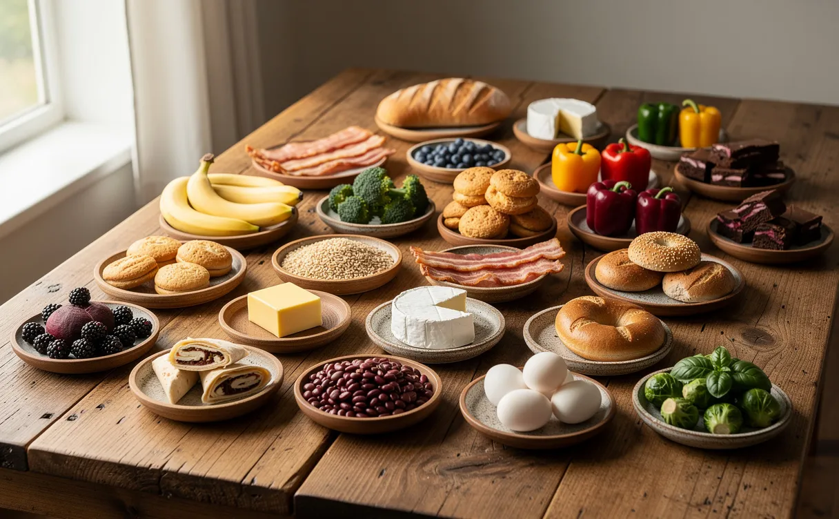 Table en bois avec vingt aliments différents commençant par la lettre B, disposés dans des bols rustiques et éclairés par la lumière naturelle.