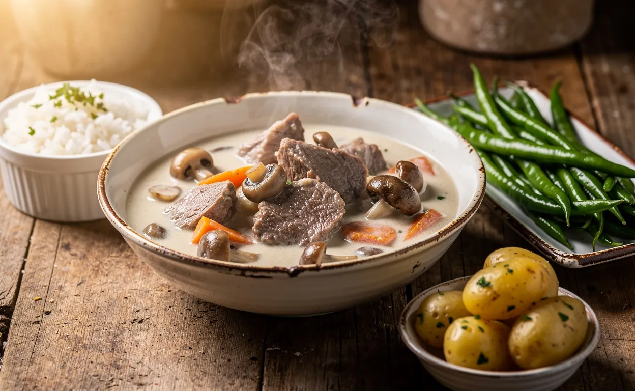 Une blanquette de veau fumante dans un bol en céramique avec du riz, des haricots verts et des pommes de terre sur une table en bois.