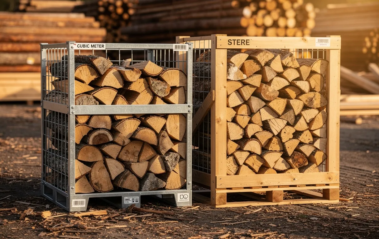 Des bûches de bois sont soigneusement empilées dans un mètre cube et un stère classique, côte à côte dans une scierie ensoleillée.
