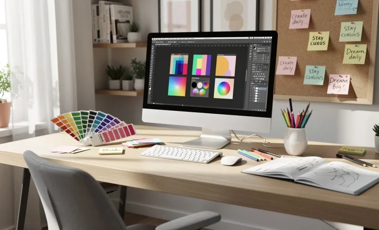 Un bureau moderne avec un ordinateur affichant un logiciel de design, entouré d’outils colorés et de notes motivantes, baigné par une lumière naturelle.