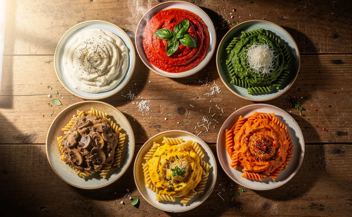 Vue en plongée de sept assiettes de pâtes aux sauces variées et colorées disposées en cercle sur une table en bois rustique.