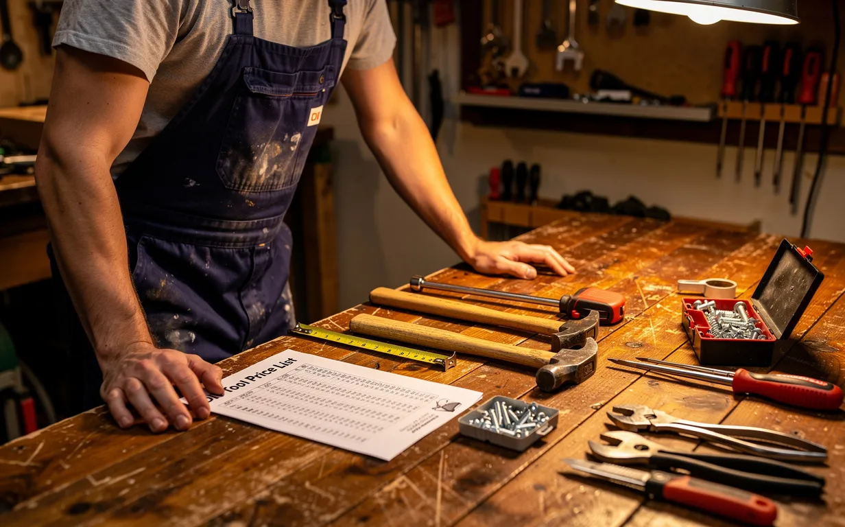 Une personne en salopette de travail consulte une liste de prix avec des outils de bricolage posés sur une table en bois, sous un éclairage chaleureux.