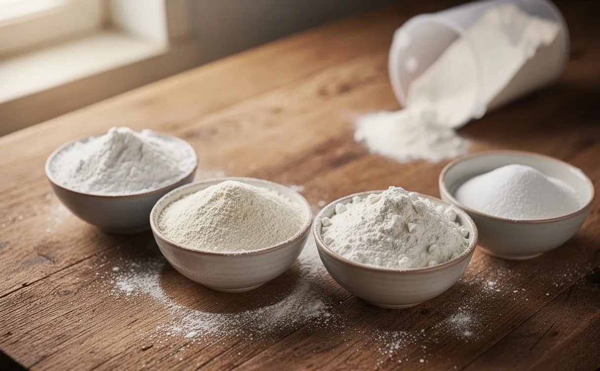 Cinq bols contenant différents types de poudres blanches sont disposés sur un plan de travail rustique, avec un récipient de fécule de maïs renversé en arrière-plan.