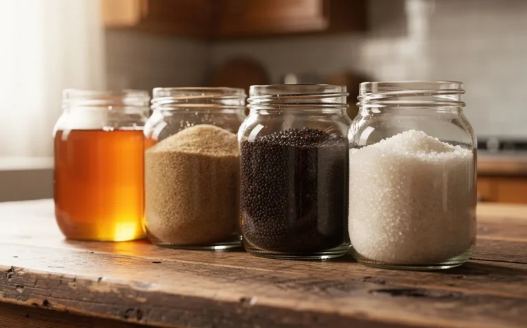 Cinq édulcorants naturels variés sont présentés dans des bocaux en verre sur un plan de travail rustique, éclairés par une douce lumière matinale.