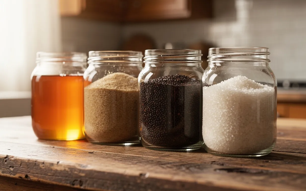 Cinq édulcorants naturels variés sont présentés dans des bocaux en verre sur un plan de travail rustique, éclairés par une douce lumière matinale.