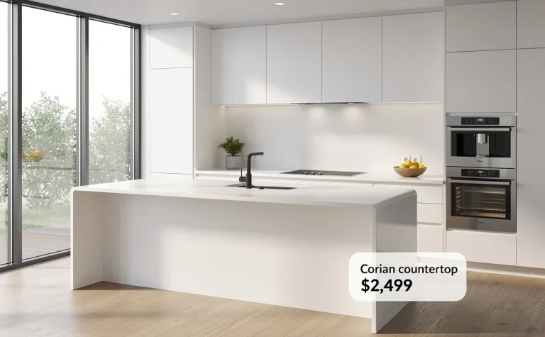 Cuisine moderne épurée avec un plan de travail blanc en corian éclairé par la lumière naturelle et une étiquette de prix discrète.