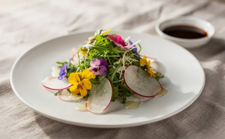 Une assiette blanche présente une salade composée de jeunes pousses, de fines rondelles de radis et de fleurs comestibles sur une nappe en lin, un plat de sauce flouté en arrière-plan.