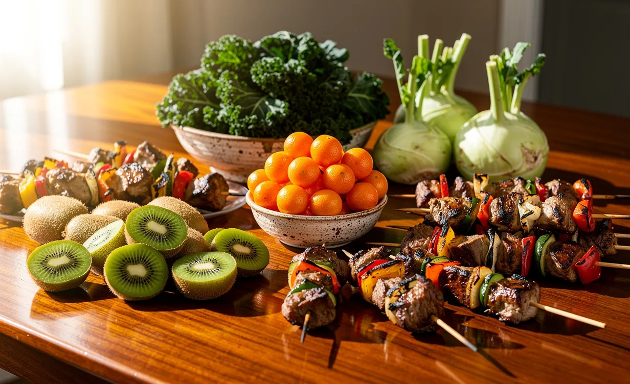 Table en bois couverte d’aliments variés dont kiwi, chou kale, chou-rave, kumquats et brochettes, éclairés par la lumière du jour.